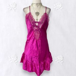 Featherbed Early 2000 Bright Pink Satin Fairy Lace Up Lingerie Slip Mini Dress